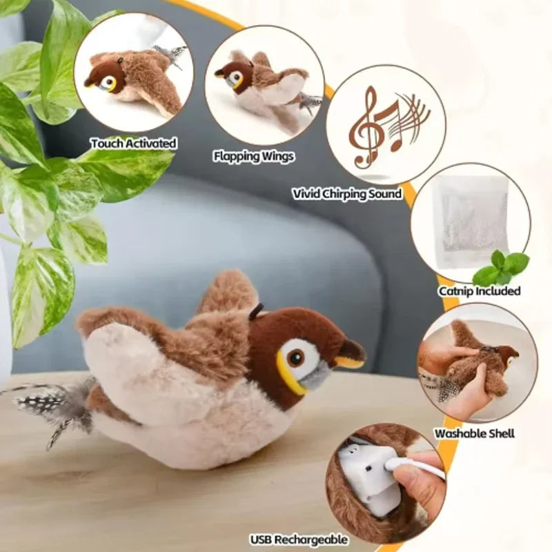 Rechargeable Chirping Bird Cat Toy with Touch Activated Flapping