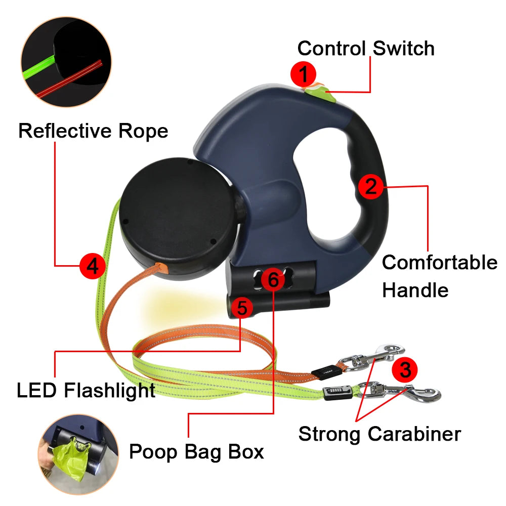 Reflective Dual Retractable Dog Leash with Lights No Tangle
