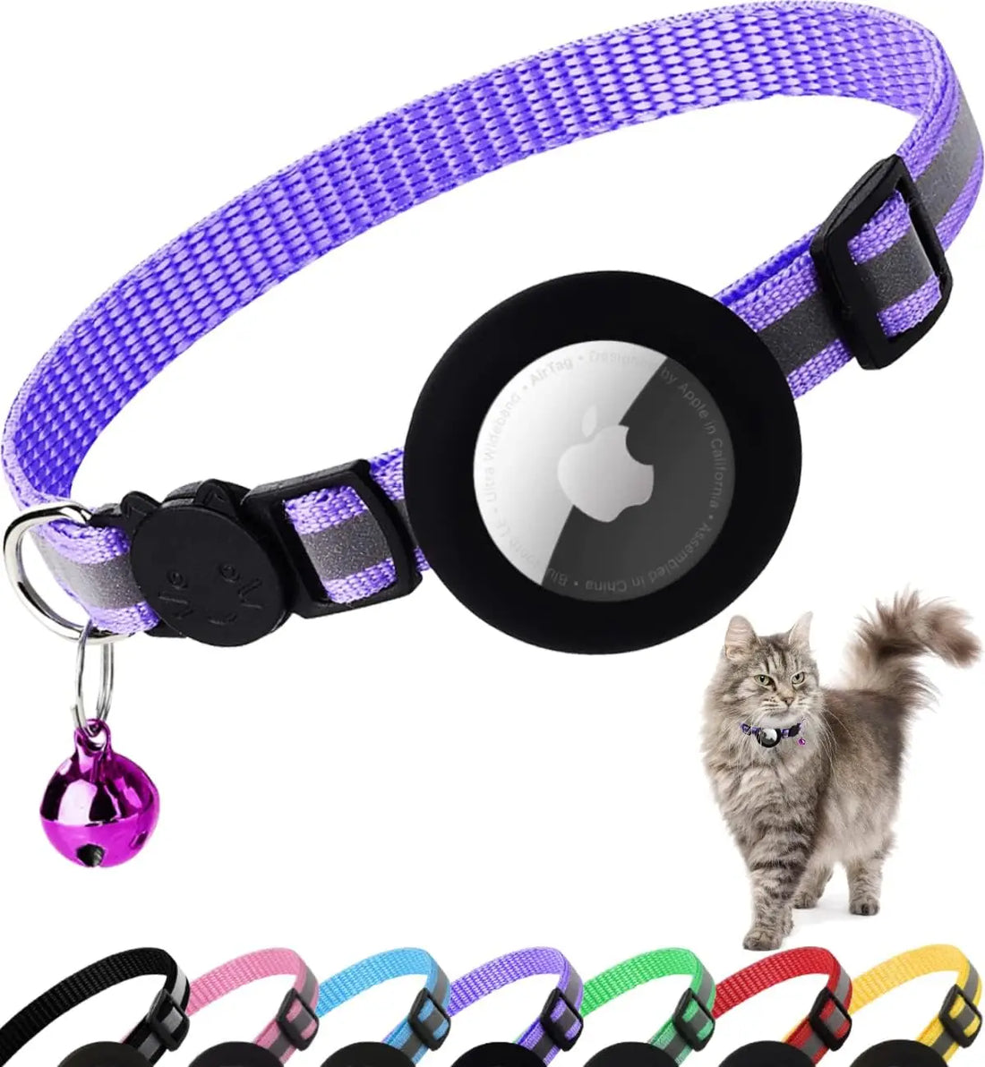 Reflective Airtag Cat Collar with Bell and Breakaway Buckle