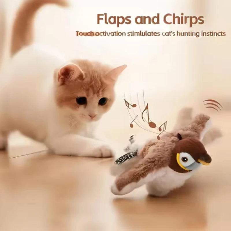 Rechargeable Chirping Bird Cat Toy with Touch Activated Flapping