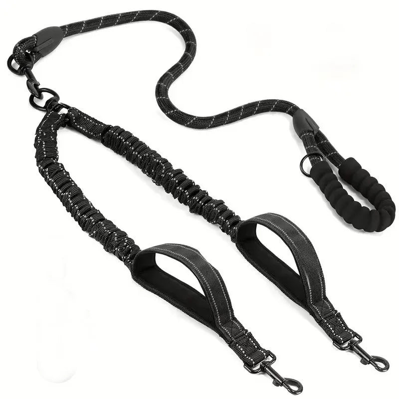 Reflective Double Dog Leash with Traffic Handles No Tangle