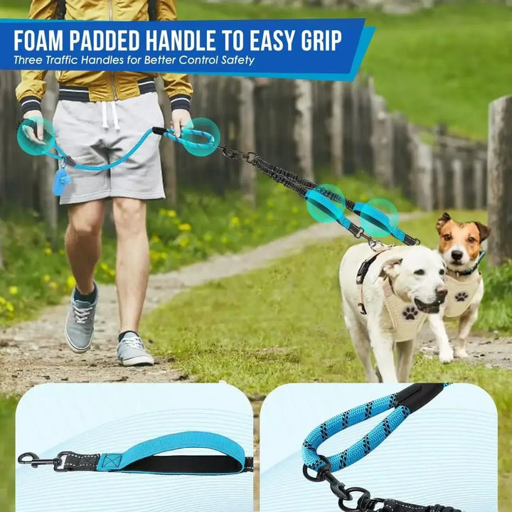 Reflective Double Dog Leash with Traffic Handles No Tangle