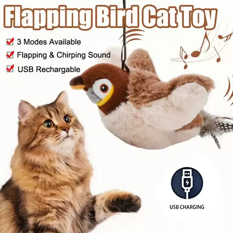 Rechargeable Chirping Bird Cat Toy with Touch Activated Flapping