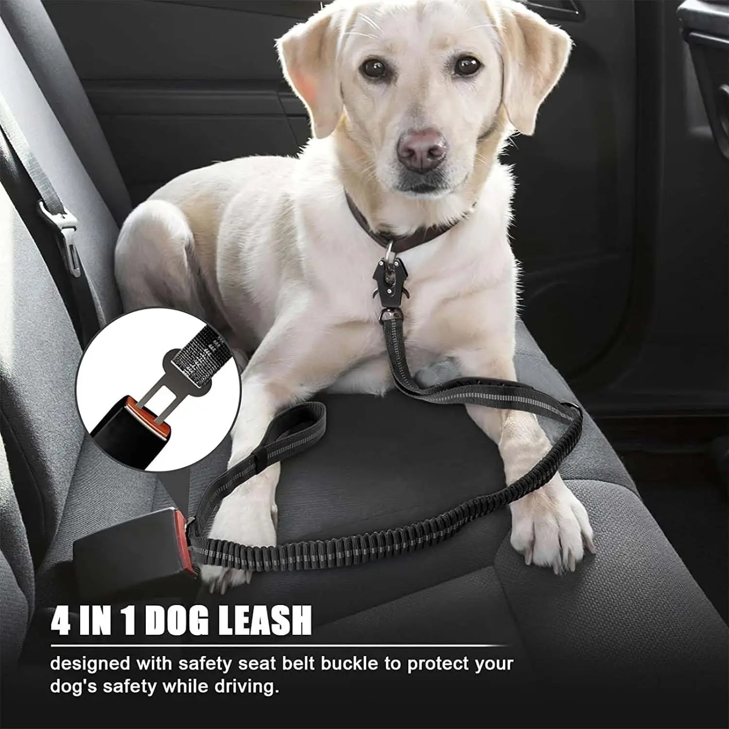 Reflective Bungee Dog Leash with Seatbelt for Large Dogs
