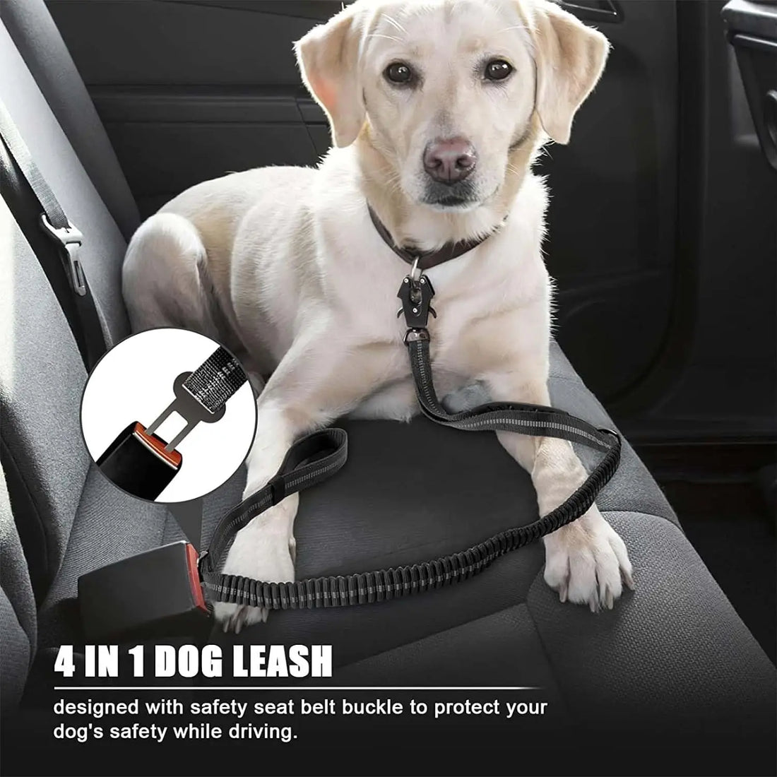 Reflective Bungee Dog Leash with Seatbelt for Large Dogs