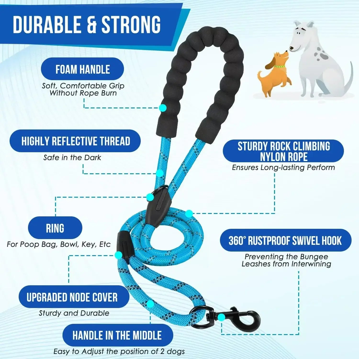 Reflective Double Dog Leash with Traffic Handles No Tangle