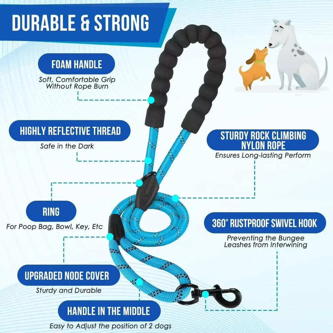 Reflective Double Dog Leash with Traffic Handles No Tangle