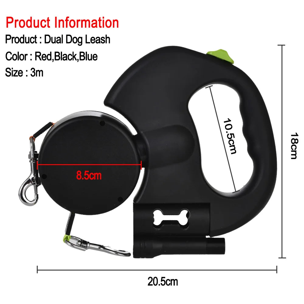 Reflective Dual Retractable Dog Leash with Lights No Tangle