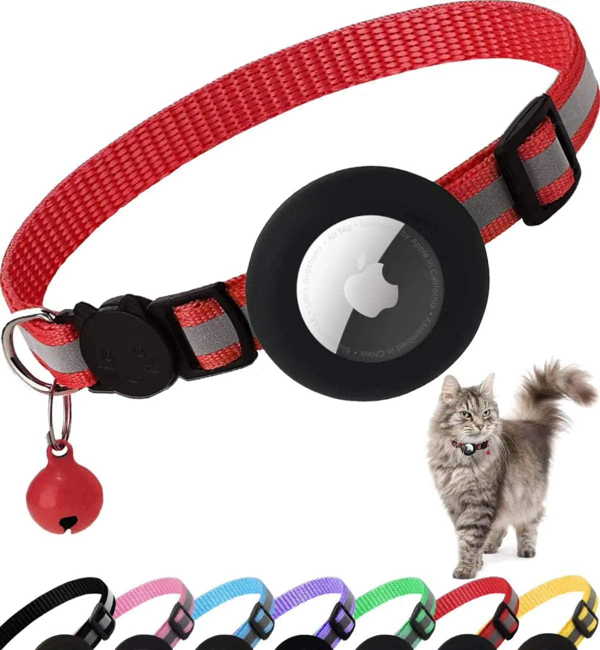 Reflective Airtag Cat Collar with Bell and Breakaway Buckle