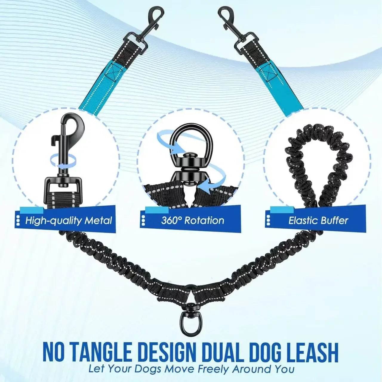 Reflective Double Dog Leash with Traffic Handles No Tangle