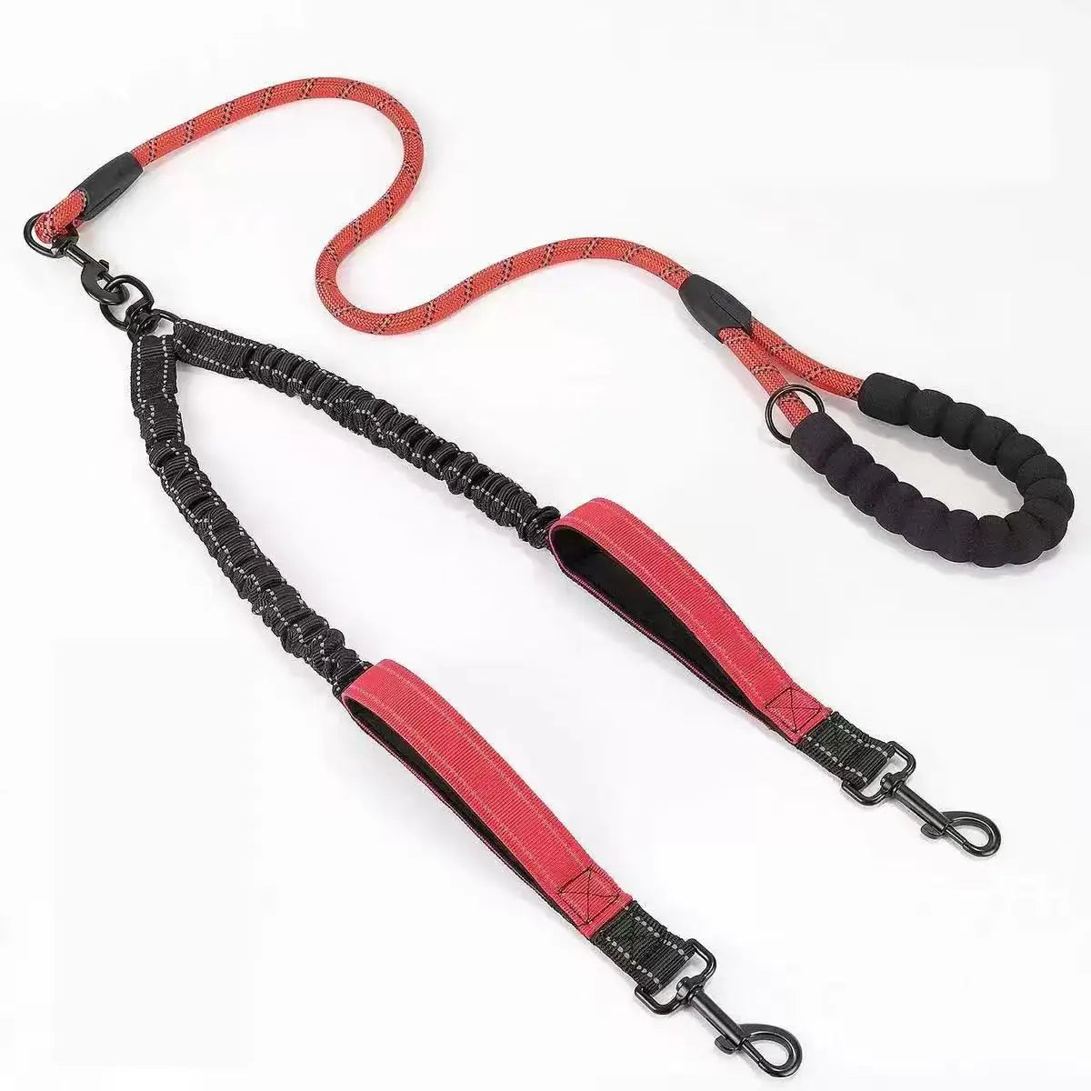 Reflective Double Dog Leash with Traffic Handles No Tangle