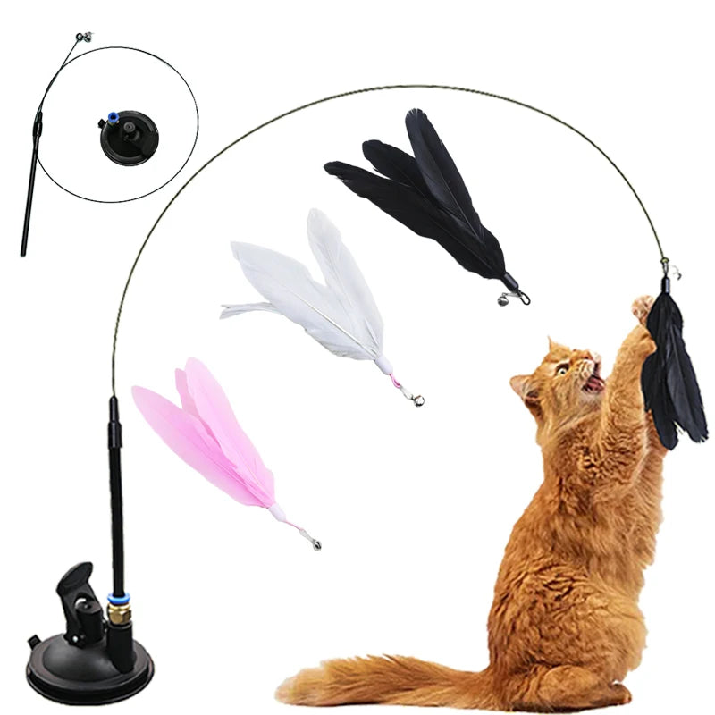 Hands-Free Feather Wand Cat Toy with Suction Cup Base