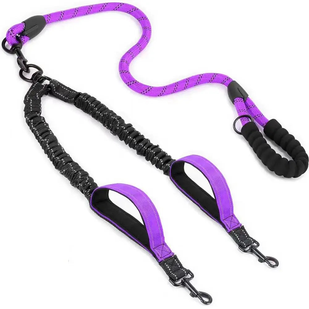 Reflective Double Dog Leash with Traffic Handles No Tangle