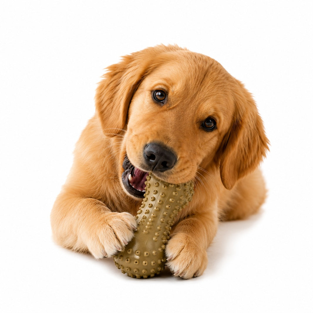 Dog playing with a green rubber ball on a white background